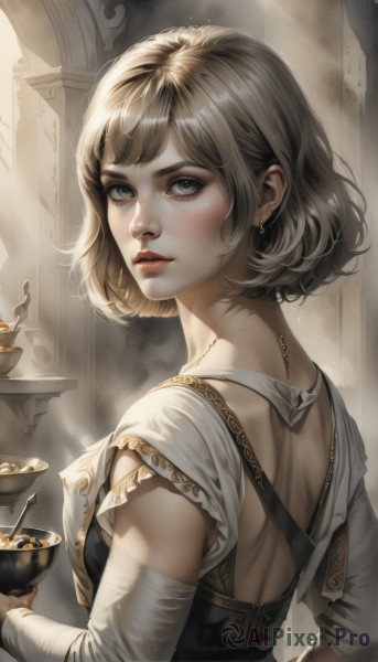 1girl,solo,breasts,looking at viewer,short hair,bangs,blue eyes,blonde hair,brown hair,shirt,long sleeves,holding,jewelry,medium breasts,upper body,earrings,parted lips,detached sleeves,food,looking back,artist name,indoors,necklace,from behind,lips,grey eyes,eyelashes,makeup,back,sunlight,freckles,bowl,light rays,realistic,spoon,nose,holding bowl,soup,blush,dress,cup,watermark,corset,mascara