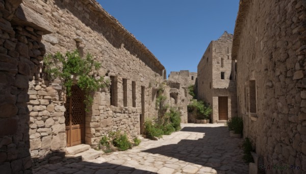 outdoors,sky,day,tree,blue sky,no humans,window,shadow,plant,building,scenery,road,wall,ruins,pillar,arch,door,bush,brick wall,stone wall,brick