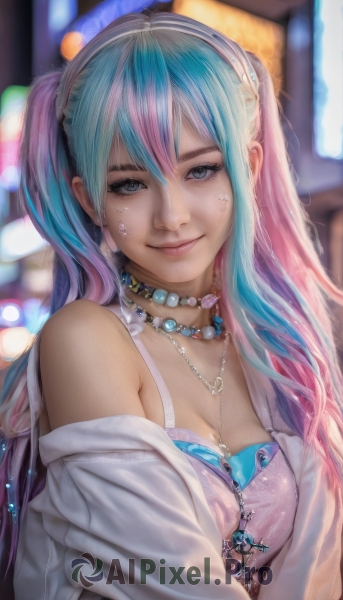 1girl,solo,long hair,breasts,looking at viewer,smile,bangs,blue eyes,shirt,cleavage,hair between eyes,bare shoulders,twintails,jewelry,medium breasts,closed mouth,underwear,blue hair,white shirt,upper body,pink hair,multicolored hair,hairband,open clothes,artist name,necklace,off shoulder,bra,blurry,two-tone hair,lips,eyelashes,aqua hair,gradient hair,makeup,depth of field,blurry background,watermark,gem,web address,eyeshadow,freckles,beads,realistic,pink bra,nose,bead necklace,pearl necklace,mascara,deviantart username,choker,facial mark