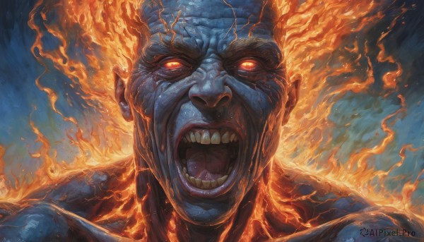 solo,looking at viewer,open mouth,red eyes,1boy,male focus,teeth,orange eyes,no humans,glowing,colored skin,fire,portrait,glowing eyes,veins,realistic,blue skin,upper body,tongue,burning,fiery hair