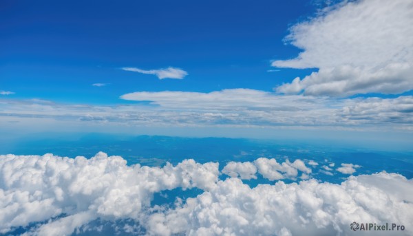 monochrome,outdoors,sky,day,cloud,water,blue sky,dutch angle,no humans,ocean,cloudy sky,scenery,blue theme,horizon,above clouds