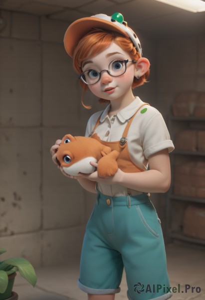 1girl,solo,looking at viewer,blush,smile,short hair,bangs,blue eyes,shirt,hat,holding,jewelry,standing,white shirt,short sleeves,cowboy shot,earrings,parted lips,glasses,shorts,collared shirt,artist name,indoors,orange hair,blurry,lips,blurry background,animal,suspenders,plant,child,baseball cap,freckles,black-framed eyewear,round eyewear,female child,stud earrings,potted plant,overalls,holding animal,brick wall,suspender shorts,holding cat,overall shorts,nail polish