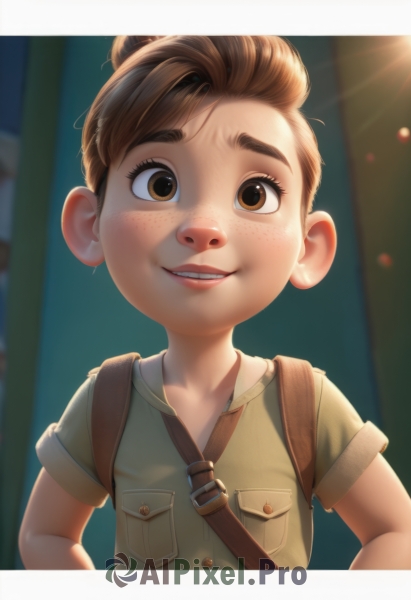 1girl,solo,looking at viewer,smile,short hair,brown hair,shirt,1boy,brown eyes,upper body,short sleeves,male focus,parted lips,teeth,bag,hair bun,blurry,lips,blurry background,single hair bun,thick eyebrows,child,freckles,hands on hips,green shirt,female child,male child,artist name,backpack,pocket,realistic