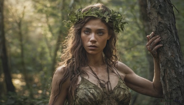 1girl,solo,long hair,breasts,looking at viewer,blue eyes,brown hair,bare shoulders,jewelry,medium breasts,upper body,outdoors,parted lips,necklace,blurry,tree,lips,grey eyes,blurry background,leaf,wavy hair,plant,nature,forest,freckles,realistic,head wreath,day,sunlight,ring,dappled sunlight,dirty