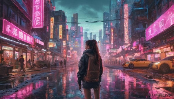 1girl, long hair, skirt, brown hair, jacket, ponytail, weapon, outdoors, sky, shorts, solo focus, cloud, hood, bag, from behind, gun, dutch angle, night, backpack, ground vehicle, building, scenery, motor vehicle, reflection, rain, city, sign, car, road, street, neon lights