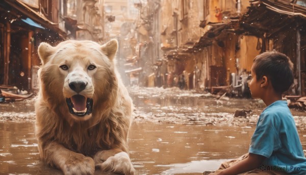 short hair,open mouth,shirt,black hair,1boy,sitting,short sleeves,male focus,outdoors,day,water,animal,fangs,blue shirt,t-shirt,building,child,scenery,city,realistic,male child,boat,people,looking at viewer,blurry,dog,road,street,oversized animal