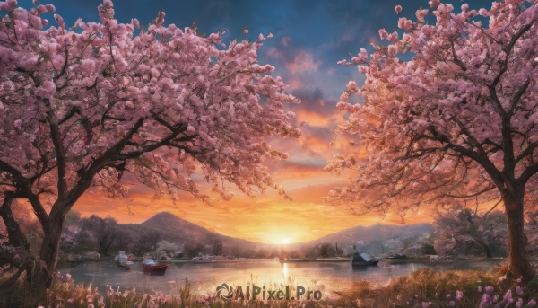 flower, outdoors, sky, cloud, water, tree, no humans, grass, cherry blossoms, scenery, sunset, mountain, watercraft, river, boat