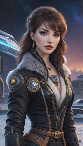 1girl,solo,long hair,breasts,looking at viewer,brown hair,long sleeves,cleavage,jewelry,medium breasts,upper body,earrings,outdoors,parted lips,sky,belt,necklace,lips,coat,grey eyes,fur trim,makeup,night,lipstick,gem,star (sky),night sky,motor vehicle,snow,buckle,pendant,starry sky,realistic,nose,red lips,bangs,brown eyes,jacket,weapon,sword,artist name,black jacket,eyelashes,fur collar