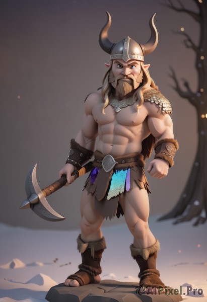 solo,long hair,looking at viewer,blue eyes,blonde hair,1boy,navel,holding,nipples,standing,full body,weapon,male focus,thighs,horns,pointy ears,stomach,holding weapon,armor,tree,muscular,facial hair,thick thighs,abs,sandals,thick eyebrows,helmet,pectorals,muscular male,shoulder armor,bara,pelvic curtain,beard,snow,large pectorals,pauldrons,topless male,mature male,mustache,fake horns,axe,bare pectorals,loincloth,biceps,navel hair,holding axe,horned helmet