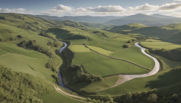 outdoors,sky,day,cloud,tree,no humans,from above,cloudy sky,grass,nature,scenery,forest,mountain,dragon,road,field,green theme,river,landscape,mountainous horizon,hill,eastern dragon,water,blue sky,horizon,bush,lake,path