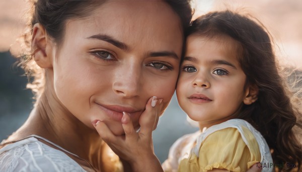 1girl,long hair,looking at viewer,smile,blue eyes,brown hair,black hair,1boy,dress,brown eyes,closed mouth,blurry,lips,blurry background,child,portrait,realistic,female child,hand on another's face,heads together,cheek-to-cheek,short hair,multiple girls,2girls,jewelry,dark skin,fingernails,ring,close-up,yellow dress,father and daughter,baby