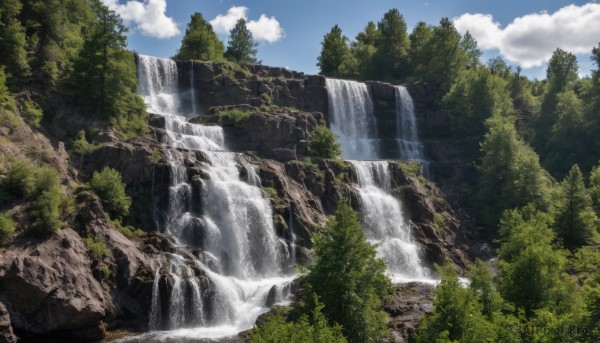 outdoors,sky,day,cloud,water,tree,blue sky,no humans,cloudy sky,nature,scenery,forest,mountain,river,waterfall,landscape,cliff,rock