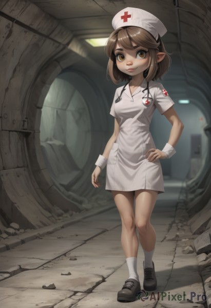 1girl,solo,breasts,looking at viewer,smile,short hair,bangs,brown hair,hat,dress,brown eyes,closed mouth,standing,full body,short sleeves,small breasts,shoes,pointy ears,socks,artist name,indoors,black footwear,white dress,lips,hand on hip,wrist cuffs,short dress,cross,white socks,loafers,nurse cap,nurse,stethoscope,red cross,medium breasts,bare legs,name tag