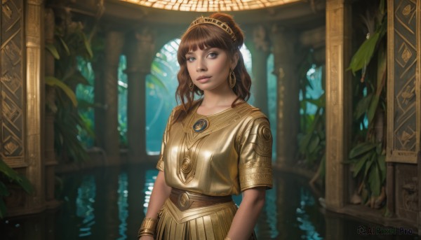 1girl,solo,long hair,looking at viewer,smile,bangs,brown hair,dress,brown eyes,jewelry,closed mouth,standing,upper body,short sleeves,hairband,earrings,indoors,blunt bangs,water,necklace,blurry,bracelet,lips,plant,hoop earrings,realistic,nose,pillar,tunic,collarbone,parted lips,gem,gold,egyptian