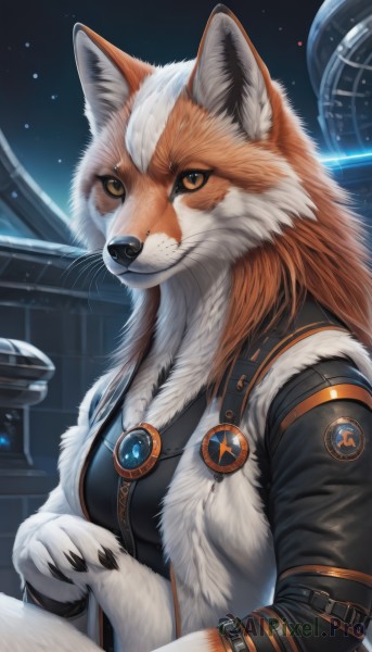 1girl,solo,long hair,breasts,looking at viewer,smile,long sleeves,animal ears,brown eyes,jewelry,medium breasts,jacket,yellow eyes,upper body,white hair,open clothes,sky,belt,necklace,fur trim,night,animal,brooch,gem,star (sky),night sky,claws,furry,pendant,starry sky,science fiction,animal hands,furry female,space,body fur,leather,fur,snout,fluffy,orange fur,orange hair,vest,zipper,realistic,white fur,planet,fox,whiskers