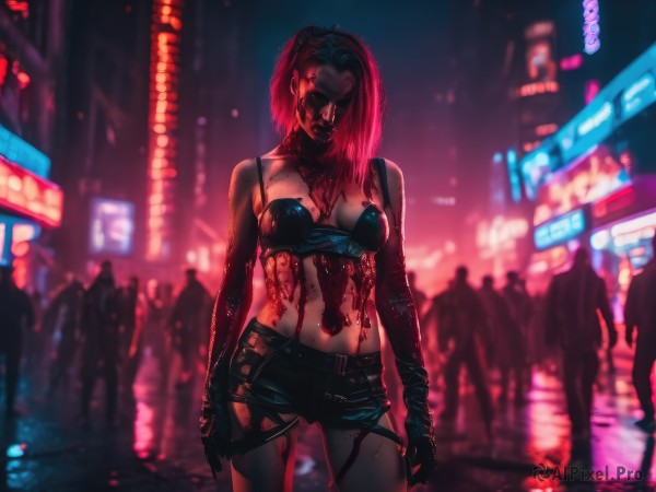 1girl,solo,long hair,breasts,looking at viewer,gloves,navel,cleavage,bare shoulders,medium breasts,underwear,standing,pink hair,cowboy shot,outdoors,shorts,solo focus,black gloves,midriff,belt,bra,blurry,short shorts,blood,night,blurry background,black shorts,black bra,faceless,injury,blood on face,city,blood on clothes,zombie,blood splatter,faceless female,horror (theme),cyberpunk,neon lights,black hair,jewelry,swimsuit,bikini,multicolored hair,earrings,choker,elbow gloves,fingerless gloves,necklace,strapless,mask,piercing,suspenders,bikini top only,facing viewer,backlighting,contrapposto,realistic,mouth mask,crowd,city lights