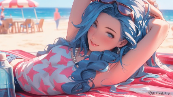 1girl,solo,long hair,breasts,looking at viewer,blush,smile,bangs,blue eyes,multiple girls,shirt,bare shoulders,jewelry,blue hair,white shirt,upper body,braid,earrings,small breasts,outdoors,lying,parted lips,sky,shorts,teeth,sleeveless,solo focus,day,midriff,shiny,belt,pants,on back,armpits,water,necklace,star (symbol),mole,grin,blurry,shiny hair,twin braids,arms up,bracelet,blue sky,lips,bare arms,mole under eye,sleeveless shirt,makeup,depth of field,blurry background,ocean,umbrella,beach,sunglasses,bottle,denim,towel,arms behind head,eyewear on head,beads,denim shorts,hoop earrings,pink lips,sand,red lips,star print,water bottle,bead necklace,beach umbrella,pearl necklace,hands in hair,mascara,beach towel,swimsuit,tank top,on stomach,red-framed eyewear,star earrings