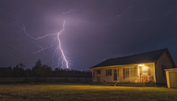 outdoors,sky,cloud,tree,no humans,window,night,cloudy sky,grass,building,night sky,scenery,fence,door,electricity,road,house,bare tree,lightning,purple sky,nature,forest,dark,field