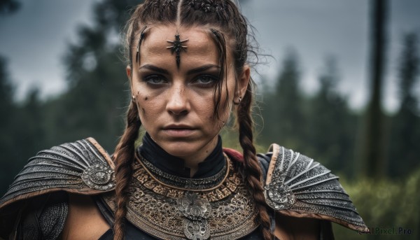 1girl,solo,long hair,looking at viewer,brown hair,brown eyes,jewelry,closed mouth,upper body,braid,earrings,outdoors,armor,mole,blurry,twin braids,tree,lips,blurry background,shoulder armor,portrait,freckles,pauldrons,breastplate,realistic,chainmail,mole on cheek,cape,depth of field,nature,mole under mouth