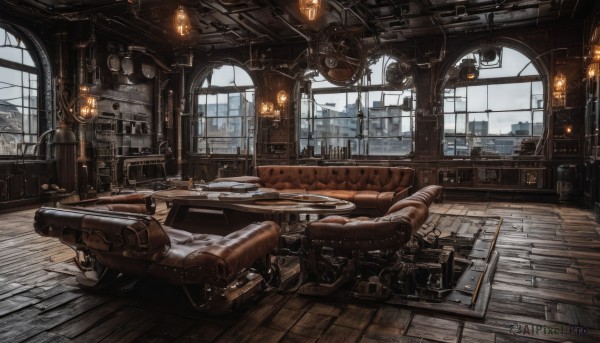 sky,day,cloud,indoors,no humans,window,chair,table,scenery,couch,science fiction,wooden floor,stairs,lamp,candle,gears,carpet,chandelier,steampunk,telescope,ground vehicle,machinery,cannon,clock,airship