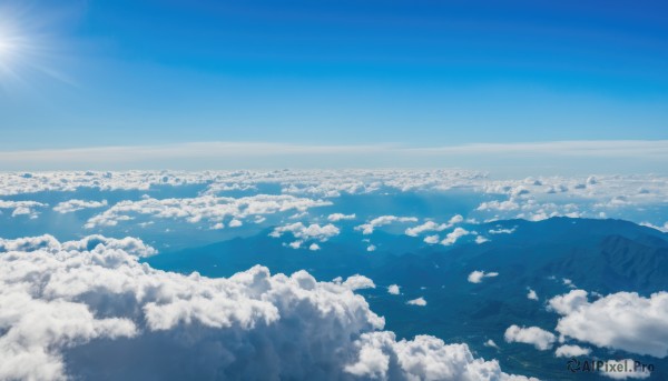 monochrome,outdoors,sky,day,cloud,water,blue sky,no humans,ocean,sunlight,cloudy sky,scenery,blue theme,mountain,sun,horizon,landscape,above clouds,nature