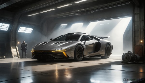 HQ,1boy,standing,weapon,multiple boys,indoors,2boys,gun,window,helmet,ground vehicle,motor vehicle,reflection,science fiction,car,vehicle focus,police,sports car