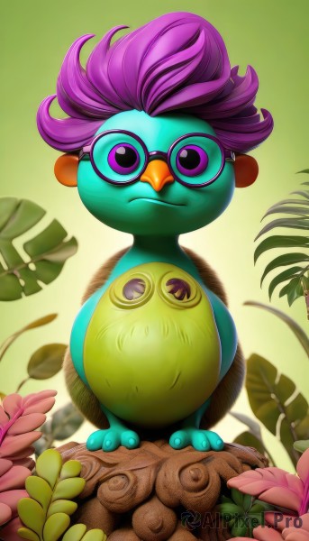 solo,looking at viewer,smile,closed mouth,standing,purple eyes,full body,purple hair,flower,glasses,artist name,gradient,gradient background,pokemon (creature),no humans,bird,leaf,plant,green background,round eyewear,animal focus,colored skin,frown,watermark,blue skin