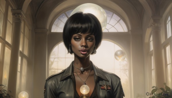 1girl,solo,breasts,looking at viewer,short hair,black hair,cleavage,brown eyes,jewelry,collarbone,jacket,upper body,earrings,tongue,indoors,dark skin,tongue out,necklace,uniform,black eyes,dark-skinned female,lips,military,window,military uniform,makeup,moon,bob cut,lipstick,pendant,hoop earrings,realistic,nose,leather,dog tags,very dark skin,leather jacket,bangs,choker,bra,eyelashes,cross,plant,portrait,badge