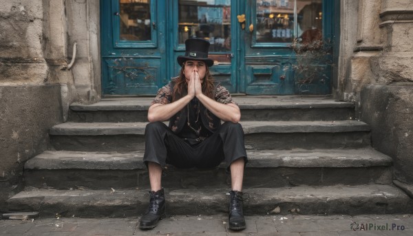 solo,long hair,looking at viewer,brown hair,shirt,1boy,hat,brown eyes,jewelry,sitting,full body,short sleeves,male focus,boots,shoes,pants,indoors,black footwear,vest,black shirt,window,black headwear,tattoo,muscular,black pants,own hands together,building,top hat,stairs,city,realistic,arm tattoo,1girl,jacket,outdoors,grey shirt,black vest