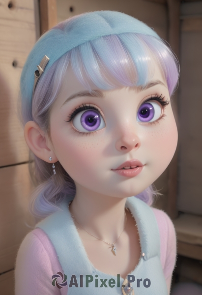 1girl,solo,looking at viewer,bangs,shirt,dress,jewelry,blue hair,purple eyes,upper body,purple hair,white hair,grey hair,multicolored hair,hairband,earrings,parted lips,artist name,indoors,necklace,blurry,lips,eyelashes,watermark,child,web address,pendant,freckles,realistic,nose,female child,blue hairband,long hair,blush,teeth,light purple hair