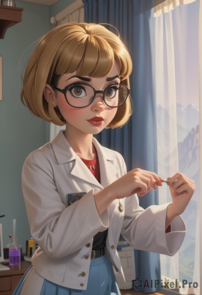 1girl,solo,looking at viewer,blush,short hair,bangs,skirt,blonde hair,brown hair,shirt,long sleeves,holding,brown eyes,standing,jacket,cowboy shot,pleated skirt,parted lips,open clothes,glasses,belt,artist name,indoors,nail polish,lips,blue skirt,fingernails,eyelashes,makeup,buttons,bob cut,white jacket,thick eyebrows,lipstick,curtains,red shirt,freckles,black-framed eyewear,nose,round eyewear,labcoat,red lips,mascara,cosmetics,window