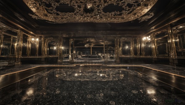 dress,monochrome,indoors,blurry,dutch angle,no humans,window,depth of field,chair,table,scenery,reflection,stairs,light,ceiling,ceiling light,chandelier,light particles,light rays,wooden floor,door,vanishing point