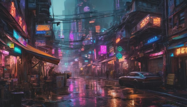 outdoors, sky, no humans, night, ground vehicle, building, scenery, motor vehicle, reflection, science fiction, rain, city, sign, car, road, cityscape, power lines, street, skyscraper, puddle, city lights, cyberpunk, neon lights