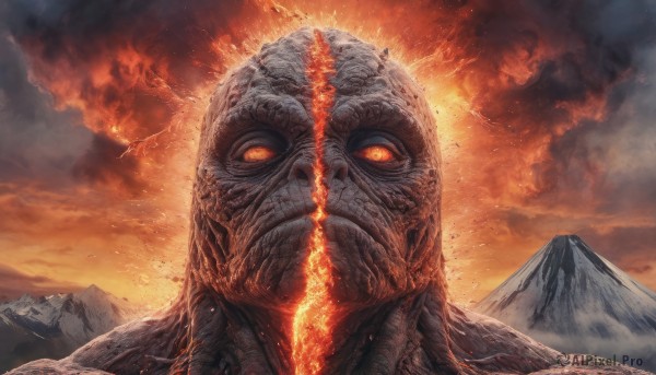 solo, looking at viewer, outdoors, sky, cloud, orange eyes, no humans, glowing, bird, fire, glowing eyes, mountain, realistic, molten rock, kaijuu