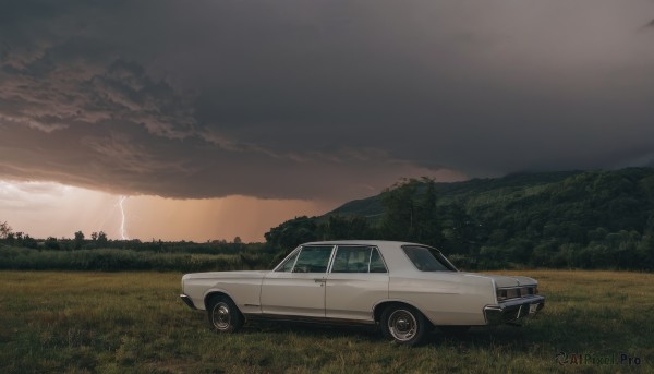 outdoors,sky,cloud,tree,no humans,cloudy sky,grass,ground vehicle,nature,scenery,motor vehicle,forest,mountain,car,vehicle focus,lightning,sunset,electricity,field,evening,landscape