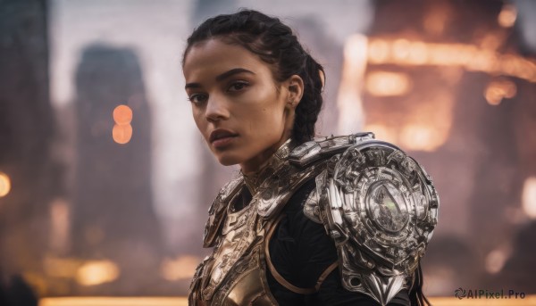 1girl,solo,long hair,looking at viewer,short hair,brown hair,black hair,brown eyes,jewelry,upper body,earrings,parted lips,dark skin,armor,mole,blurry,black eyes,dark-skinned female,lips,mole under eye,depth of field,blurry background,shoulder armor,pauldrons,breastplate,realistic,closed mouth,from side,portrait,gold armor