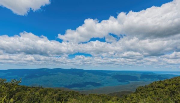 outdoors,sky,day,cloud,tree,blue sky,no humans,bird,cloudy sky,grass,nature,scenery,forest,mountain,field,landscape,mountainous horizon,hill,water,ocean,horizon