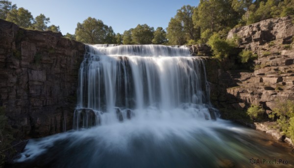 outdoors,sky,day,water,tree,blue sky,no humans,nature,scenery,forest,rock,ruins,river,waterfall,cliff,moss