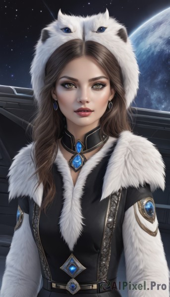 1girl,solo,long hair,looking at viewer,brown hair,dress,brown eyes,jewelry,upper body,earrings,parted lips,sky,choker,belt,hood,lips,fur trim,makeup,lipstick,brooch,gem,star (sky),eyeshadow,starry sky,animal hood,realistic,nose,red lips,space,planet,earth (planet),long sleeves,yellow eyes,artist name,necklace,coat,night,moon