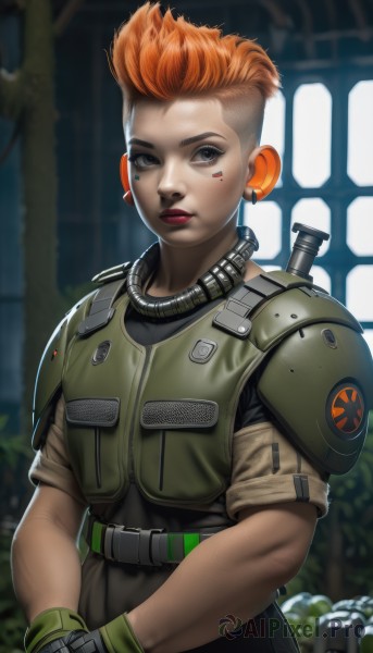 1girl,solo,looking at viewer,short hair,shirt,gloves,brown eyes,upper body,weapon,belt,orange hair,armor,blurry,vest,lips,gun,grey eyes,makeup,blurry background,facial mark,own hands together,lipstick,headset,realistic,nose,facepaint,very short hair,undercut,green gloves,mohawk,bulletproof vest,jewelry,earrings,science fiction,cyborg,dirty,jumpsuit,dirty face