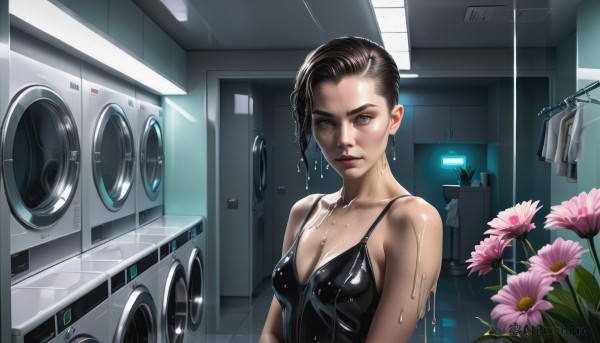 1girl,solo,breasts,looking at viewer,short hair,blue eyes,brown hair,black hair,cleavage,bare shoulders,medium breasts,collarbone,upper body,flower,indoors,lips,wet,wet clothes,science fiction,realistic,nose,wet hair,dripping,washing machine,dress,jewelry,earrings,sleeveless,shiny,pink flower,rain