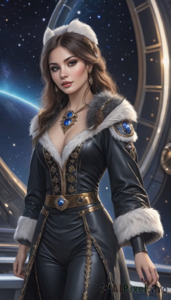 1girl,solo,long hair,breasts,looking at viewer,brown hair,long sleeves,cleavage,brown eyes,jewelry,medium breasts,standing,collarbone,weapon,braid,cowboy shot,earrings,parted lips,sky,belt,pants,artist name,necklace,nail polish,lips,coat,fur trim,makeup,black pants,gem,star (sky),pendant,starry sky,gold trim,nose,red lips,space,fur-trimmed sleeves,planet,fur hat,large breasts,hair ornament,fingernails,lipstick,black nails,realistic,earth (planet)