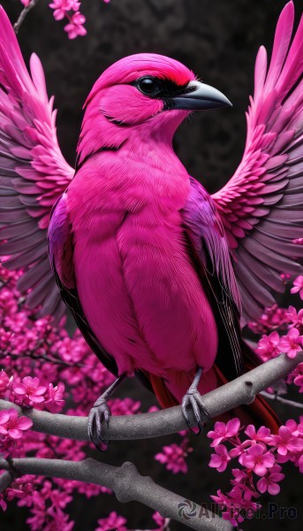 solo,full body,flower,wings,blurry,black eyes,no humans,bird,animal,feathers,black background,cherry blossoms,pink flower,realistic,branch,animal focus,talons,beak,spread wings,closed mouth