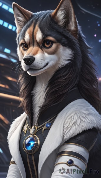 solo,long hair,looking at viewer,brown hair,long sleeves,1boy,brown eyes,jewelry,jacket,upper body,male focus,artist name,necklace,blurry,vest,fur trim,no humans,night,blurry background,animal,brooch,gem,furry,pendant,colored sclera,furry female,furry male,animal focus,white fur,fur,animal nose,whiskers,black fur,fluffy,1girl,smile,shirt,black hair,animal ears,closed mouth,animal ear fluff,watermark,fur collar,snout