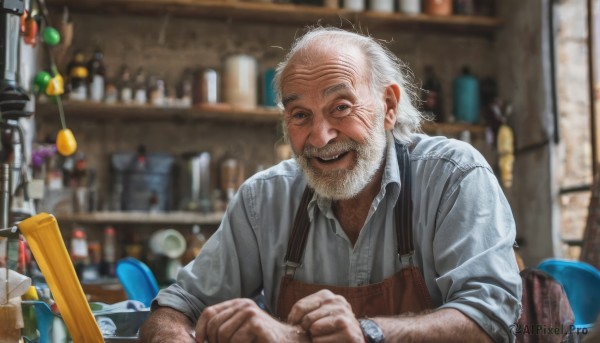 solo,looking at viewer,smile,blue eyes,shirt,1boy,sitting,white shirt,upper body,white hair,male focus,collared shirt,indoors,blurry,apron,depth of field,blurry background,facial hair,chair,bottle,grey shirt,beard,sleeves rolled up,watch,realistic,mustache,wristwatch,old,old man,arm hair,wrinkled skin,open mouth,grey eyes,window,dress shirt,scar,scar on face,lens flare,overalls,manly,bokeh