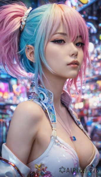 1girl,solo,breasts,looking at viewer,short hair,bangs,blue eyes,hair ornament,cleavage,bare shoulders,jewelry,medium breasts,closed mouth,blue hair,upper body,ponytail,pink hair,sidelocks,multicolored hair,earrings,parted lips,detached sleeves,artist name,necklace,blurry,two-tone hair,lips,eyelashes,makeup,depth of field,blurry background,looking away,piercing,scrunchie,high ponytail,ear piercing,pendant,hair scrunchie,zipper,realistic,nose,mascara,hair between eyes,outdoors,off shoulder,watermark,gem,bokeh