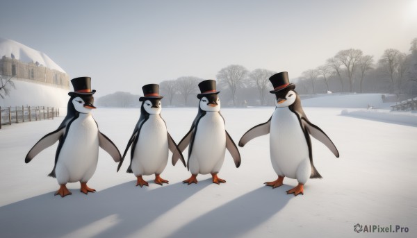 hat,standing,outdoors,sky,day,tree,no humans,black headwear,shadow,bird,animal,building,snow,top hat,mountain,fence,animal focus,winter,bare tree,penguin,blue sky,scenery