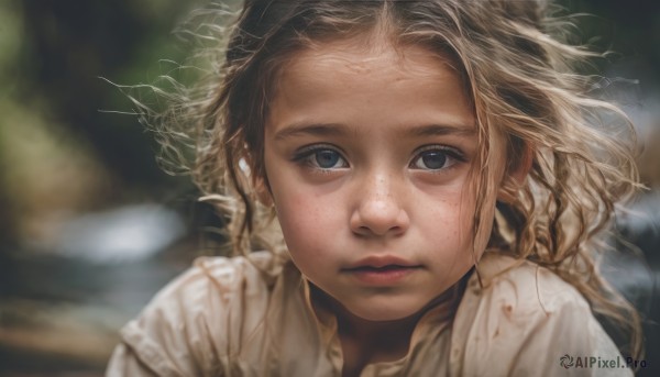 1girl,solo,long hair,looking at viewer,blue eyes,blonde hair,shirt,closed mouth,white shirt,blurry,lips,grey eyes,depth of field,blurry background,expressionless,messy hair,portrait,close-up,freckles,realistic,nose,brown hair,eyelashes,wind,forehead