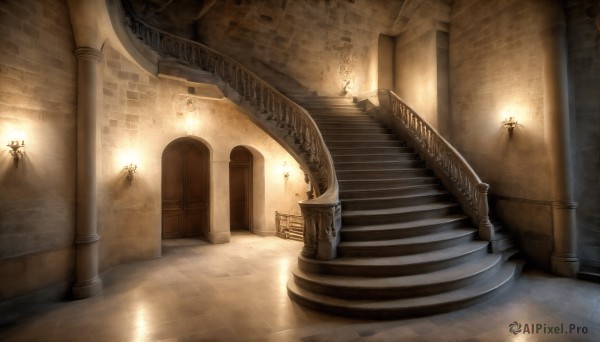 HQ,indoors,no humans,sunlight,scenery,stairs,door,light,candle,pillar,statue,hallway,torch,arch,chandelier,column,fire,railing,architecture