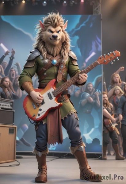 long hair,looking at viewer,blue eyes,blonde hair,shirt,1boy,holding,jewelry,standing,full body,male focus,boots,multiple boys,solo focus,pants,artist name,armor,facial hair,brown footwear,shoulder armor,instrument,microphone,beard,furry,6+boys,music,guitar,furry male,playing instrument,holding instrument,fur,electric guitar,crowd,drum,stage,stage lights,concert,brown hair,animal ears,belt,necklace,gem,faceless,faceless male,spotlight,lion,plectrum